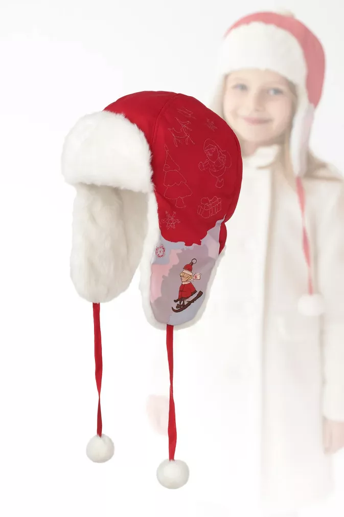 Czapka zimowa W143B czerwona uszatka futrzana dziewczęca ciepła Polar Fashion