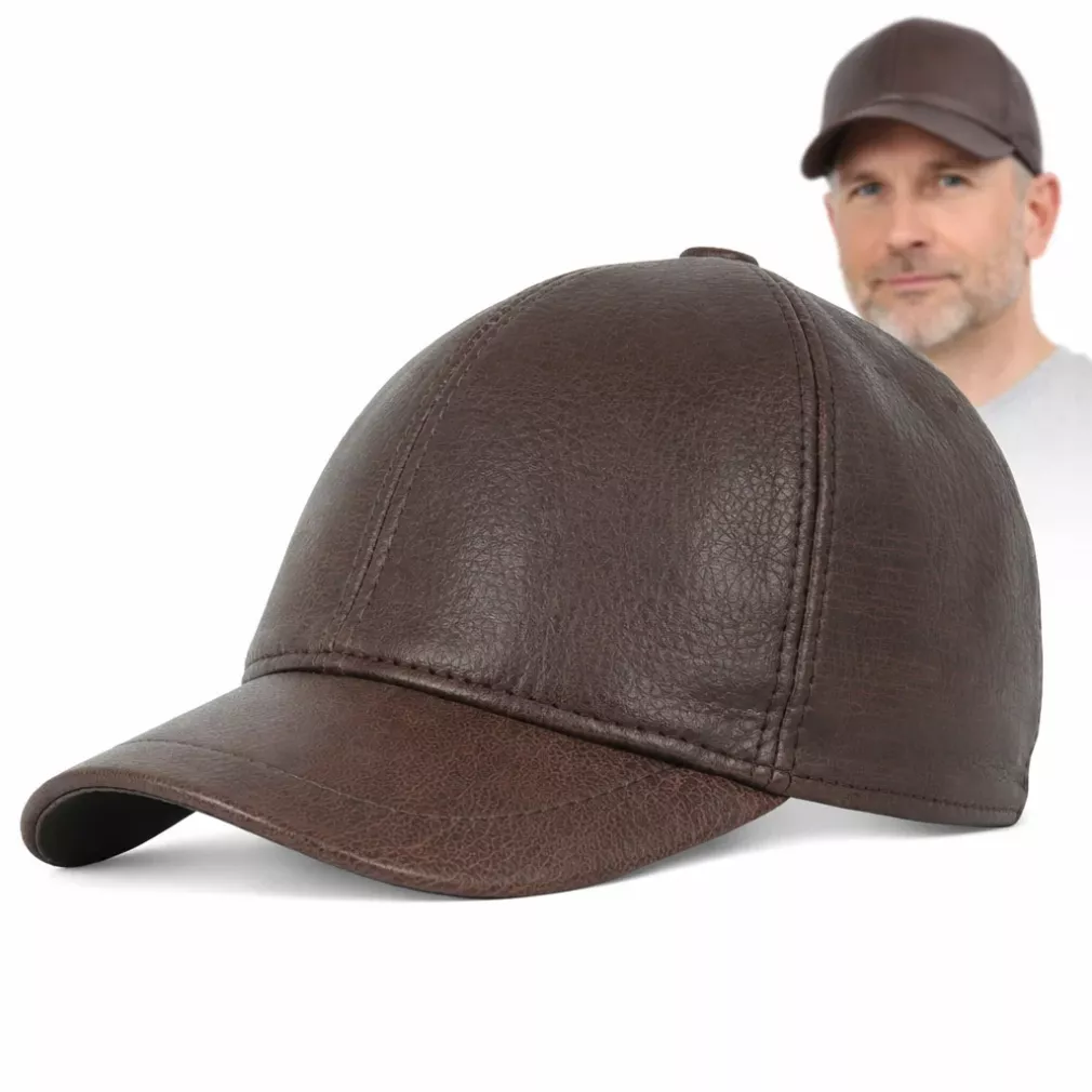 Brązowa skórzana czapka bejsbolówka premium z osłoną uszu K248E Polar Fashion