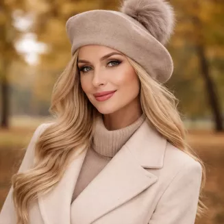 Beżowy beret damski z odpinanym pomponem z jenota Polar Fashion W503K - 5