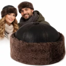 Toczek Skórzana Czapka Zimowa Unisex Ciemnobrązowa z Futrem – Polar Fashion W518S