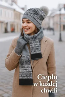 Damski Komplet Zimowy Czapka z Pomponem i Szalik Szary W322BK Polar Fashion - 6