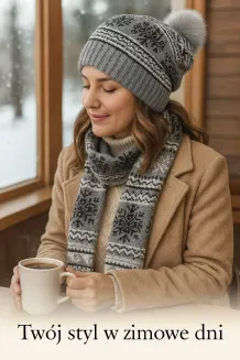 Damski Komplet Zimowy Czapka z Pomponem i Szalik Szary W322BK Polar Fashion - 7