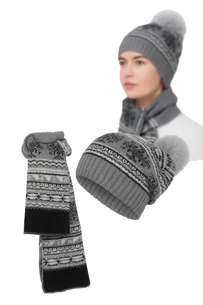 Damski Komplet Zimowy Czapka z Pomponem i Szalik Szary W322BK Polar Fashion