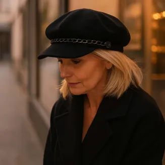 Kaszkiet Damski Czarny z Łańcuszkiem K291K Polar Fashion Na Jesień i Wiosnę - 6