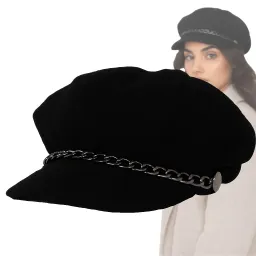 Kaszkiet Damski Czarny z Łańcuszkiem K291K Polar Fashion Na Jesień i Wiosnę