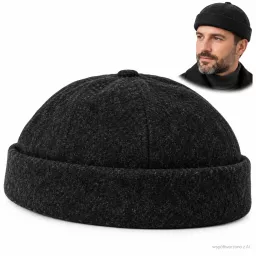 Dokerka męska czapka bez daszka Leonka Fisherman czarna z wełną retro K325F