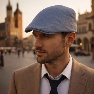 Kaszkiet Męski Błękitny Lniany Flat Cap Letni Lekki Przewiewny Czapka K309E - 6