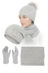 Damski Komplet Zimowy Polar Fashion W455D Szary Czapka Szalik Rękawiczki