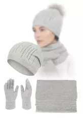 Damski Komplet Zimowy Polar Fashion W455D Szary Czapka Szalik Rękawiczki