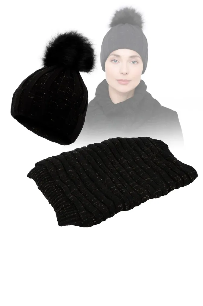 W359Dk Black Haker Women'S Winter Set Knitted Hat With Scarf