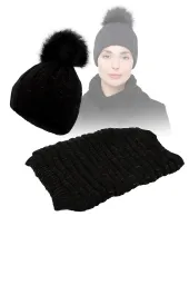 Ciepły Zestaw W359DK  Czarna Czapka z Sztucznym Futerkiem i Szal Polar Fashion