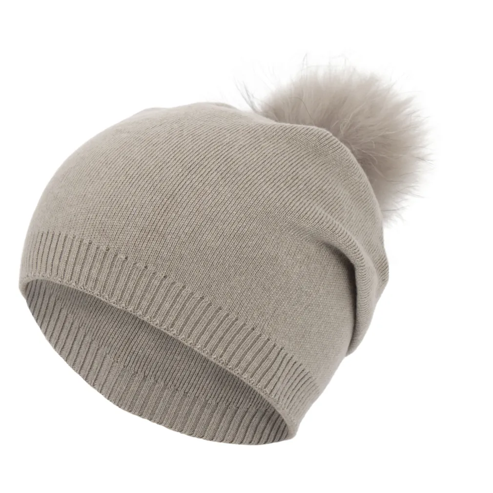 W439C Beige Polar Fashion Winter Hat Beanie Made With Cashmere And Viscose Pompon With Jenot