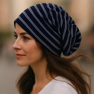 Czapka smerfetka W77C granatowa w paski  lekka wygodna idealna na co dzień - 5
