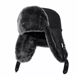 Czapka Zimowa Skórzana Pilotka Uszatka Unisex Czarna Ocieplana W533I - 4
