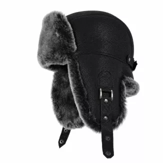 Czapka Zimowa Skórzana Pilotka Uszatka Unisex Czarna Ocieplana W533I - 7