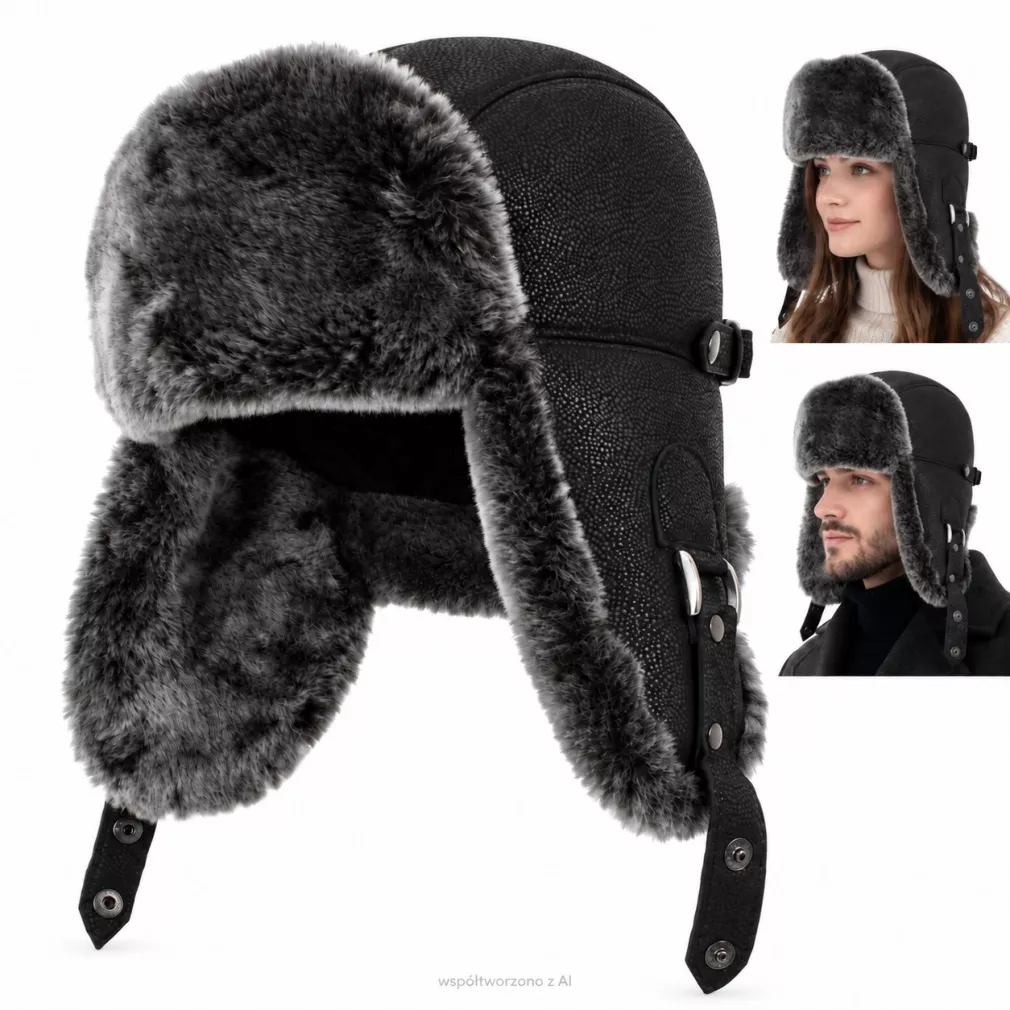 Czapka Zimowa Skórzana Pilotka Uszatka Unisex Czarna Ocieplana W533I