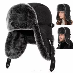 Czapka Zimowa Skórzana Pilotka Uszatka Unisex Czarna Ocieplana W533I