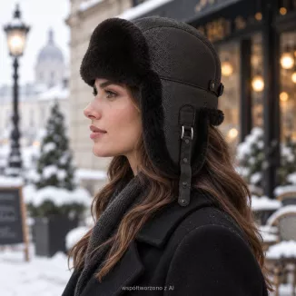 Czapka Zimowa Skórzana Pilotka Uszatka Unisex Mahoniowy Brąz Futro W533H - 5