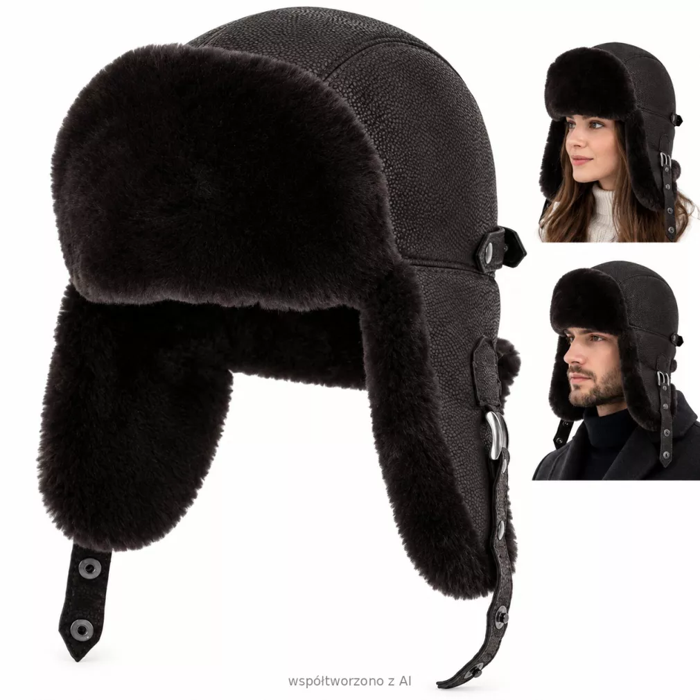 Czapka Zimowa Skórzana Pilotka Uszatka Unisex Mahoniowy Brąz Futro W533H