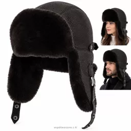 Czapka Zimowa Skórzana Pilotka Uszatka Unisex Mahoniowy Brąz Futro W533H