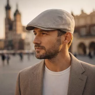 Czapka z daszkiem Kaszkiet Męski Beżowy Lniany Flat Cap Letni Lekki  K309F - 6