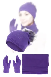 Damski Komplet Zimowy W455C Fioletowy Polar Fashion Czapka Szalik