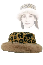 Czapka Zimowa Damska W517E Futrzany Bucket Hat Panterka Beżowa z Cętkami