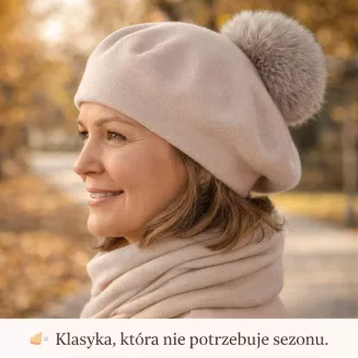 Jasnobeżowy beret damski z odpinanym pomponem z jenota Polar Fashion W503Ł - 5