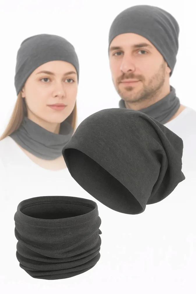 Komplet dresowy przejściowy czarny W397A, czapka i komin unisex, ikona produktowa – kobieta i mężczyzna razem, styl casual, uniwersalny zestaw dwuwarstwowy na jesień, zimę i wiosnę.