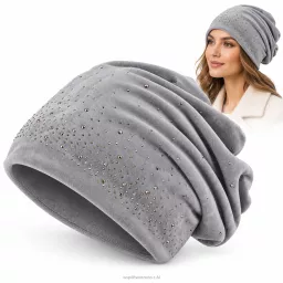 Czapka zimowa damska pluszowa faktura szara smerfetka ze zdobieniami W536C