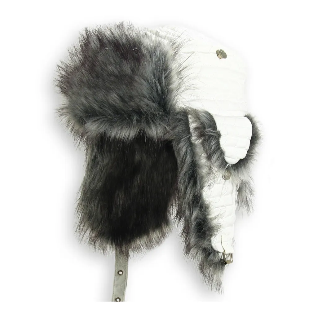 W13A White- Grey Warm Eared Winter Hat Made Of Eco Shiny Leather