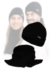 Ciepły Komplet Zimowy W474E Czarny Unisex Czapka Szalik Polar Fashion