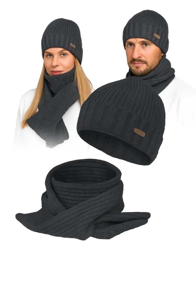 Komplet Zimowy Unisex Grafitowy Czapka Szalik W474B Polar Fashion Ciepły