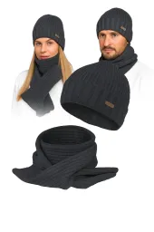 Komplet Zimowy Unisex Grafitowy Czapka Szalik W474B Polar Fashion Ciepły