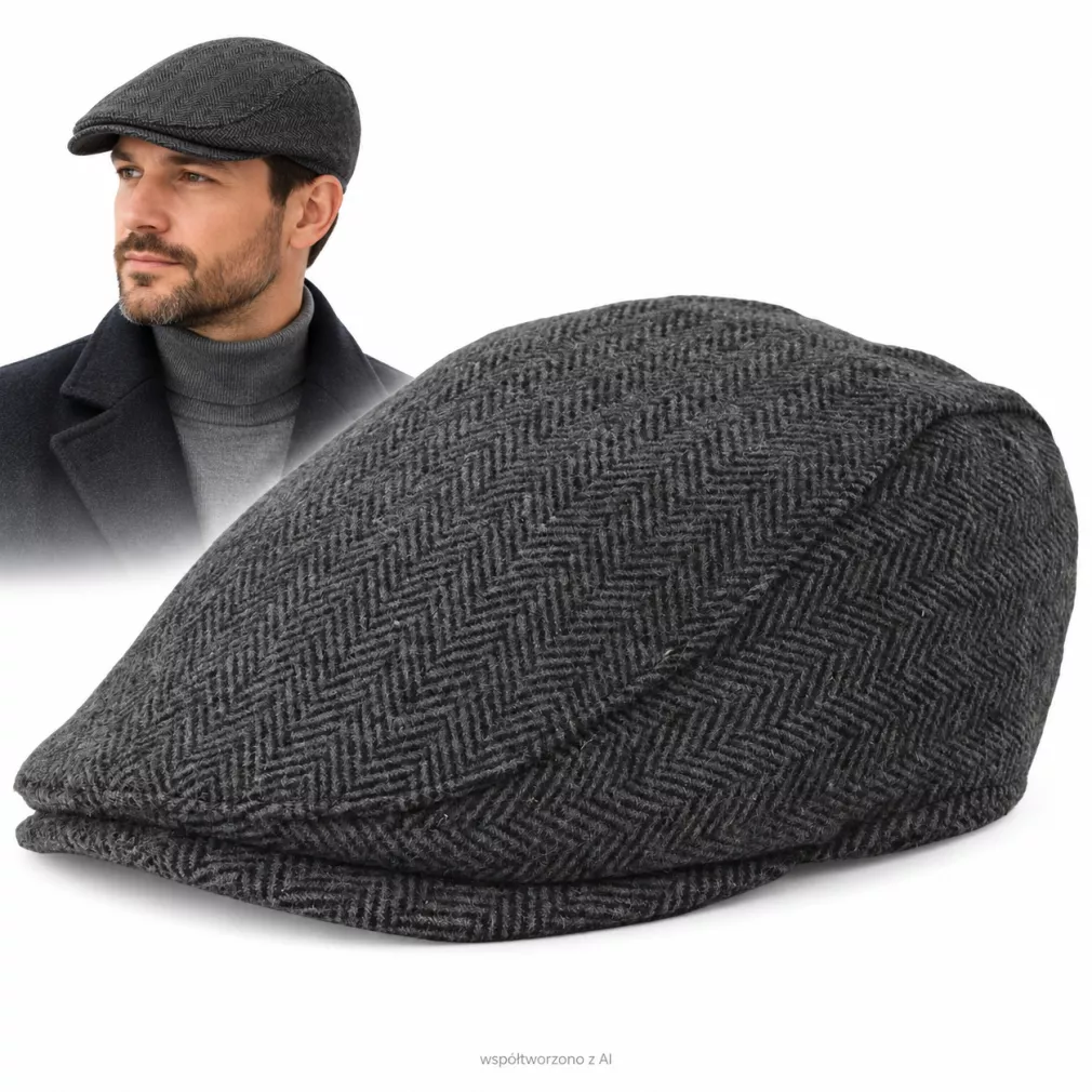 Kaszkiet Męski Grafitowy Jodełka z Wełną Ocieplany Klasyczny Flat Cap K323A
