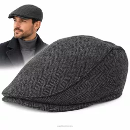 Kaszkiet Męski Grafitowy Jodełka z Wełną Ocieplany Klasyczny Flat Cap K323A