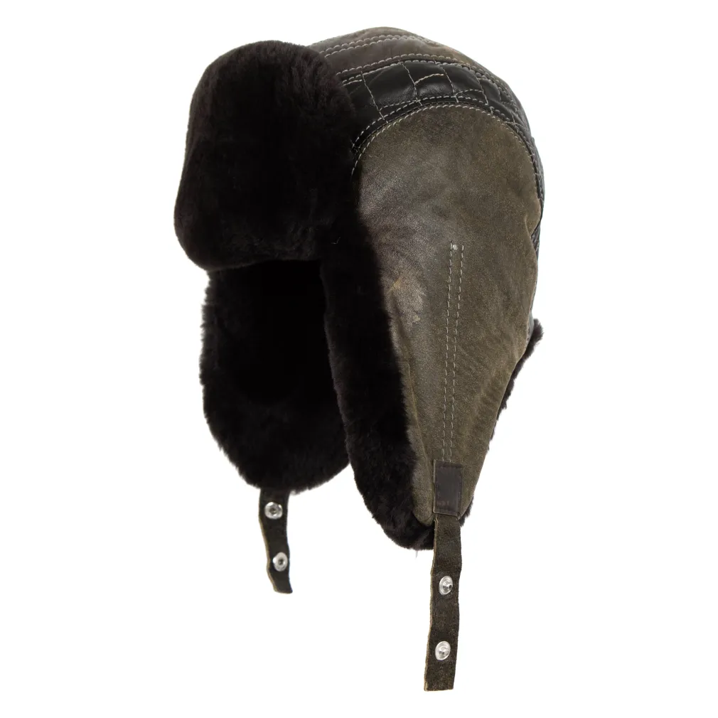 W449O Winter Long-Eared Pilot Hat Made Of Natural Leather