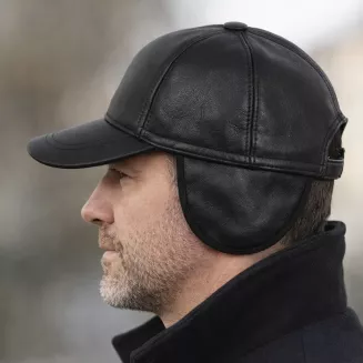 Czarna skórzana czapka bejsbolówka męska z osłoną uszu K298C Polar Fashion - 6