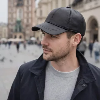 Czarna skórzana czapka bejsbolówka męska z osłoną uszu K298C Polar Fashion - 8