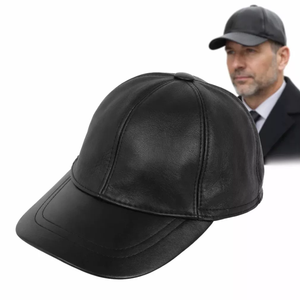 Czarna skórzana czapka bejsbolówka męska z osłoną uszu K298C Polar Fashion