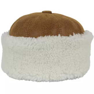 Brązowy toczek skórzany unisex z jasnym futrem zimowy W518N Polar Fashion - 2