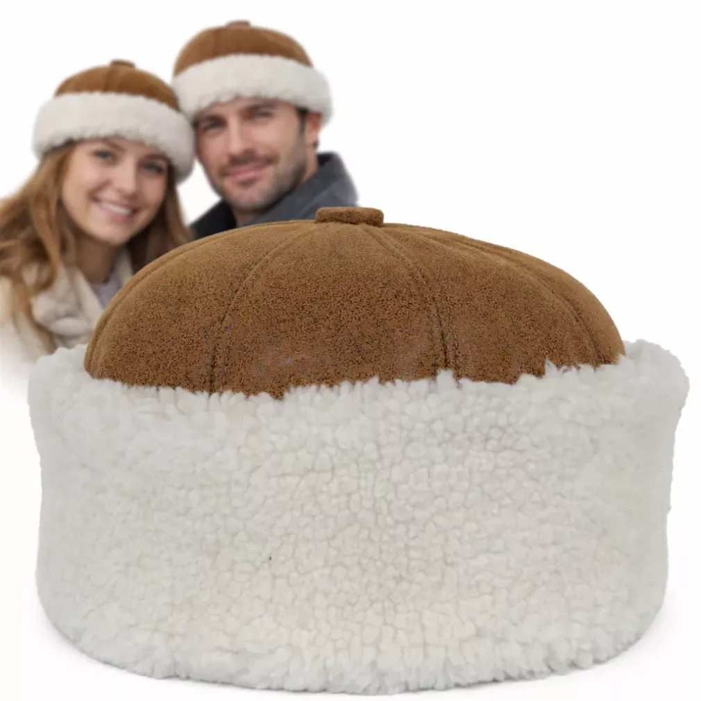 Brązowy toczek skórzany unisex z jasnym futrem zimowy W518N Polar Fashion