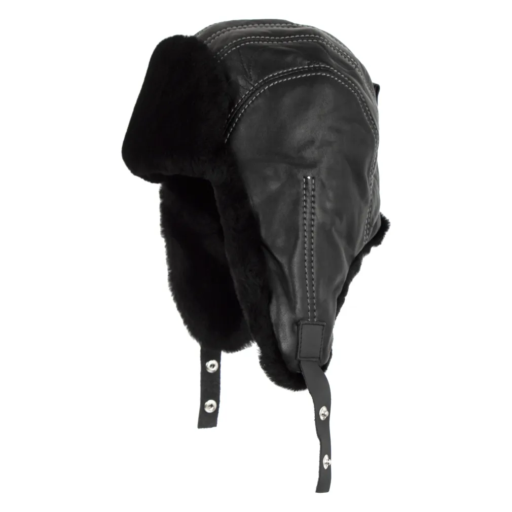 W448H Winter Long-Eared Pilot Hat Made Of Natural Leather