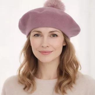 Beret damski pudrowy róż z naturalnym pomponem jenot Polar Fashion W503S - 6