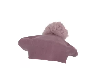 Beret damski pudrowy róż z naturalnym pomponem jenot Polar Fashion W503S - 3