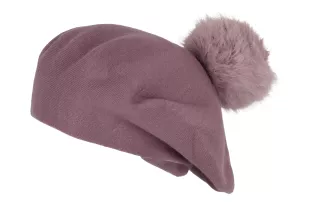Beret damski pudrowy róż z naturalnym pomponem jenot Polar Fashion W503S - 4