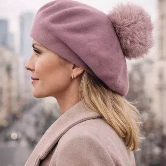 Beret damski pudrowy róż z naturalnym pomponem jenot Polar Fashion W503S - 5