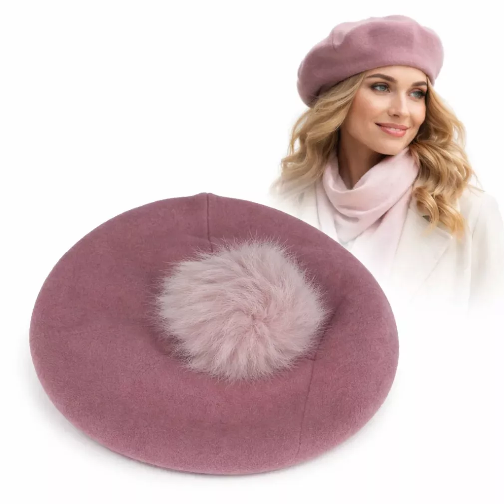 Beret damski pudrowy róż z naturalnym pomponem jenot Polar Fashion W503S