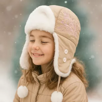 W149F Girl'S Beige Warm Eared Winter Hat With Ortalion - 3