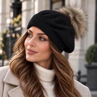 Zimowy Beret Damski Czarny z Dużym Pomponem Naturalny Jenot Elegancki W534D - 2